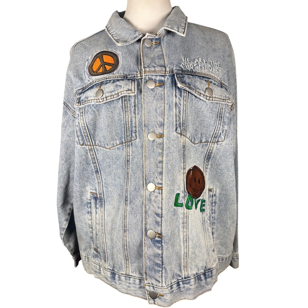 Forever 21 Ron Bass Denim Jacket Plus‎ Size 2X Freedom Love Graphic Light Wash